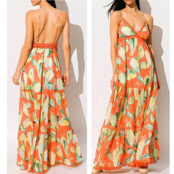 CHARO RUIZ IBIZA Maxi Dress M Salamanca Terra Fruits Orange Cotton Resort Summer